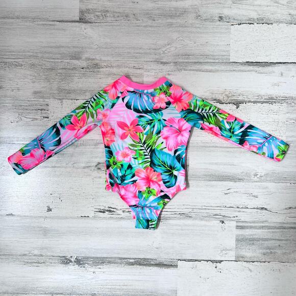 Wonder Nation Girls Swimsuit Size 2T One Piece Rashguard Neon Tropical Floral - Picture 2 of 5